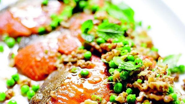 Ocean trout with smoky eggplant & minted walnut salad