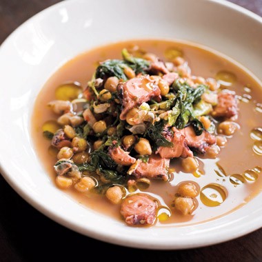 Octopus and ceci bean zuppa with escarole, garlic, and chiles