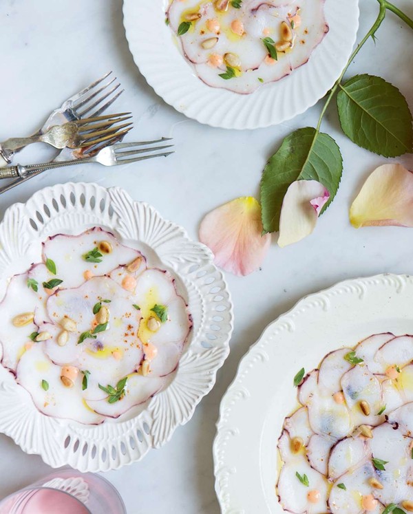 Octopus carpaccio with smoked paprika mayo