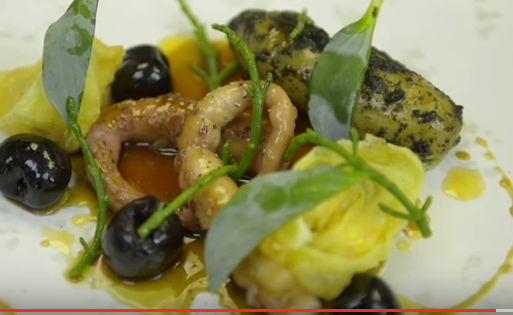 Octopus, lobster and scallop wontons with cherries and pink fir potatoes