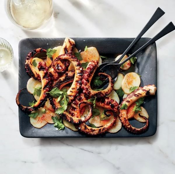 Octopus with olive oil, pimentón, potato, and a copper penny (Pulpo a feira "Lincoln copper penny")