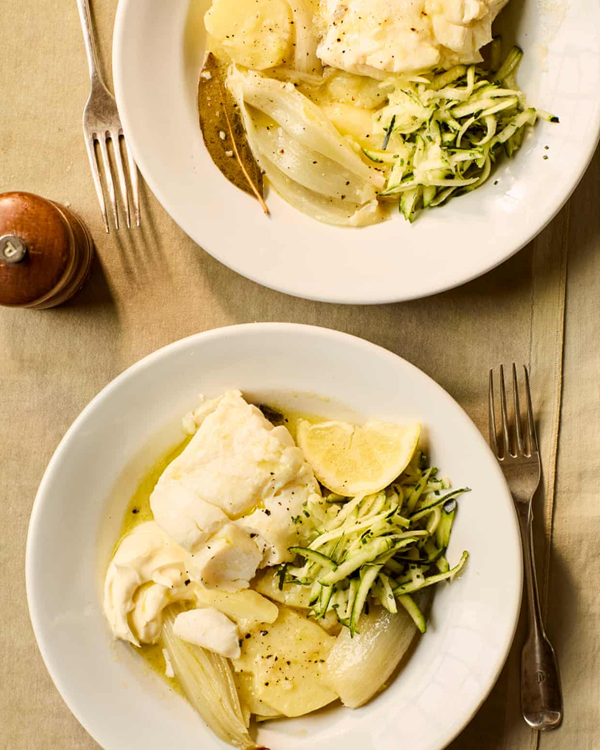 Oil and lemon-poached fish with courgette salad