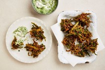 Okra and red onion bhajis with mint yoghurt