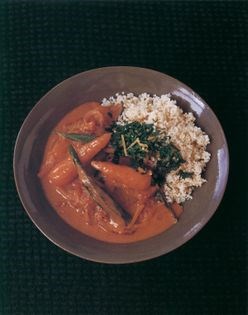 Okra, baby carrot, harissa and sweet potato stew