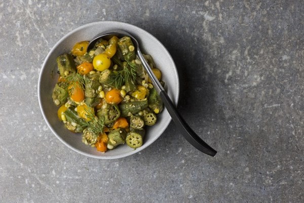 Okra, corn, tomatoes and dill