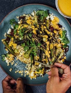 Okra, feta & barley salad with pumpkin seed sauce