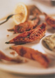 Okra fritters with chickpea almond tarator