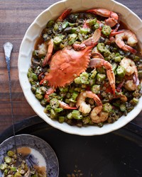 Okra gumbo with blue crabs and shrimp
