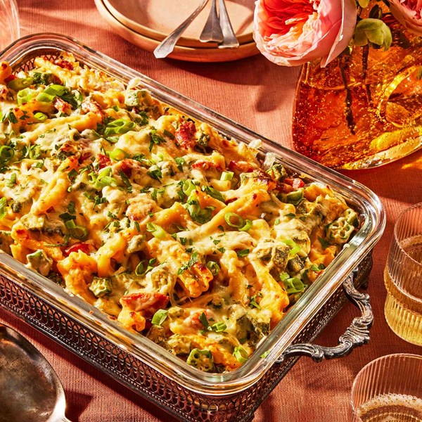 Okra mac and cheese with andouille sausage