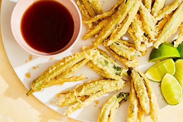 Okra tempura with lime "fonzu" dipping sauce