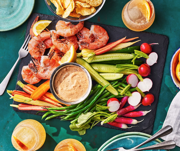 Old Bay rémoulade with crudités and shrimp