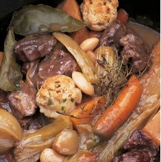 Old-fashioned shin of beef stew with butter beans and crusted onion dumplings