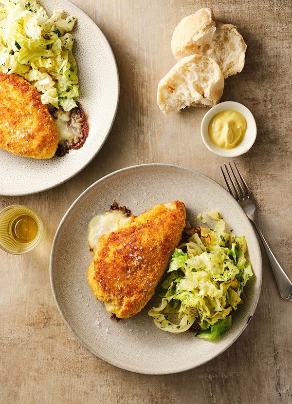 Old-school cheese and ham stuffed chicken breasts with crispy Parmesan crumbs 