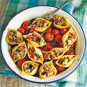 Olive and feta stuffed pasta shells
