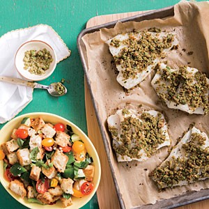 Olive and pesto-crusted cod