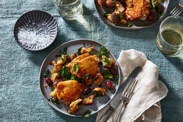 Olive-brined chicken with garlicky croutons & parsley