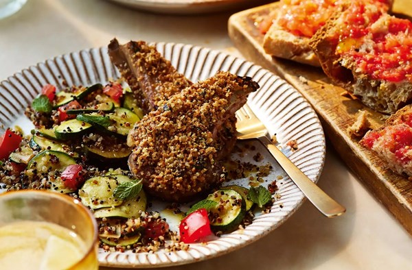 Olive-crusted lamb cutlets with quinoa & courgettes