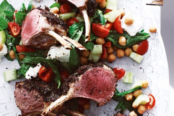 Olive-crusted lamb racks with chickpea salad