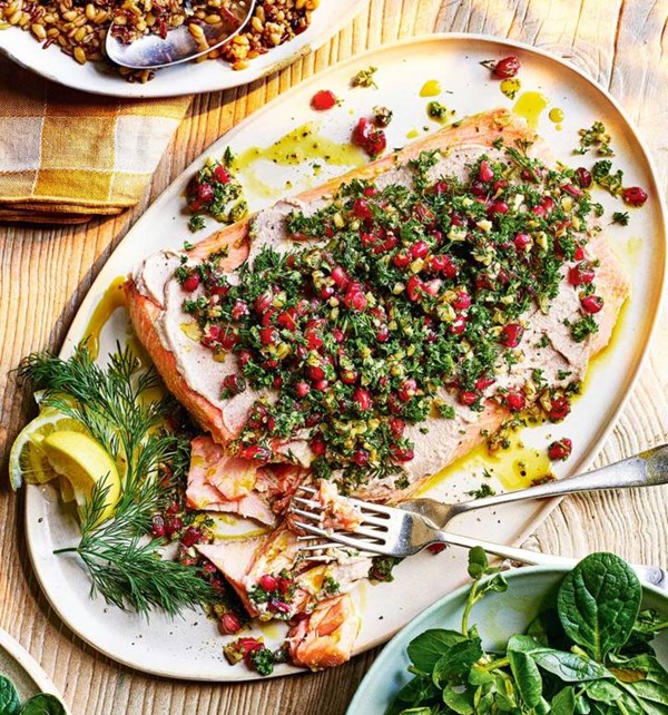 Olive-oil baked salmon with walnut tarator