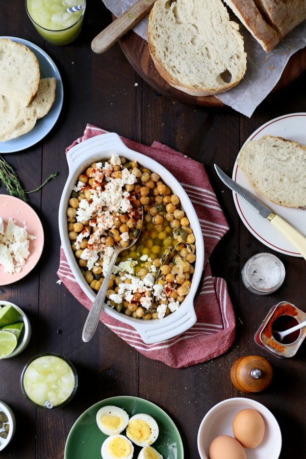 Olive oil braised chick peas with feta