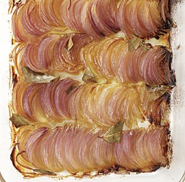 Olive-oil-braised red onions with bay leaves