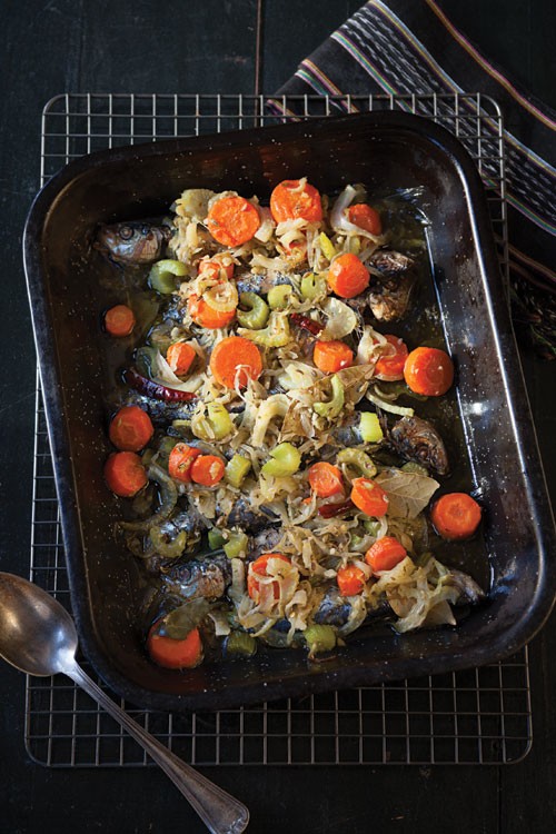 Olive oil-braised sardines with fennel
