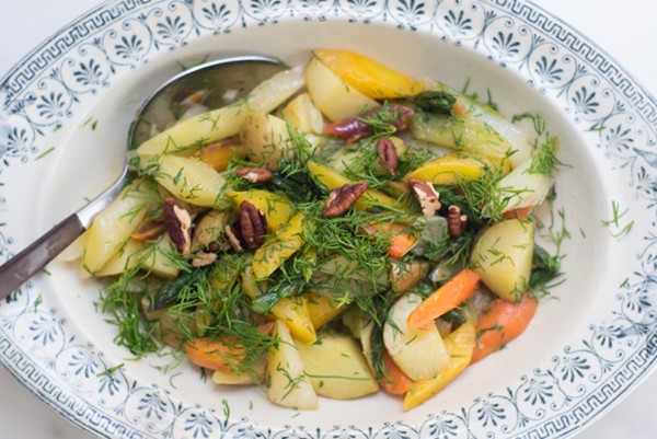 Olive-oil braised spring vegetables