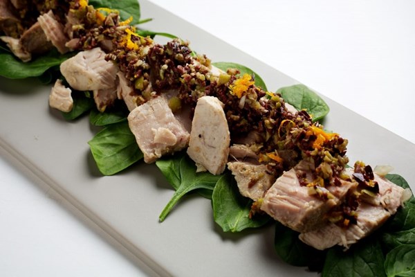 Olive-oil-braised tuna with orange-olive tapenade