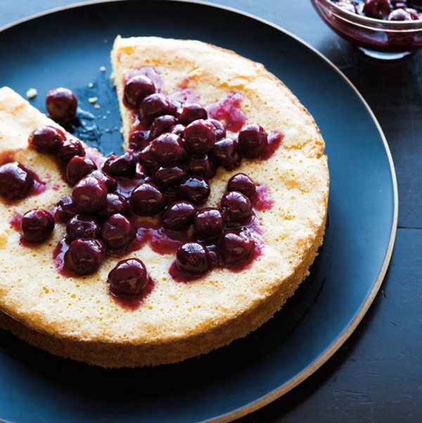 Olive oil cake with cherry compote