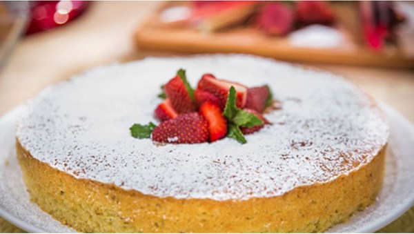 Olive oil cake with strawberry-rhubarb compote