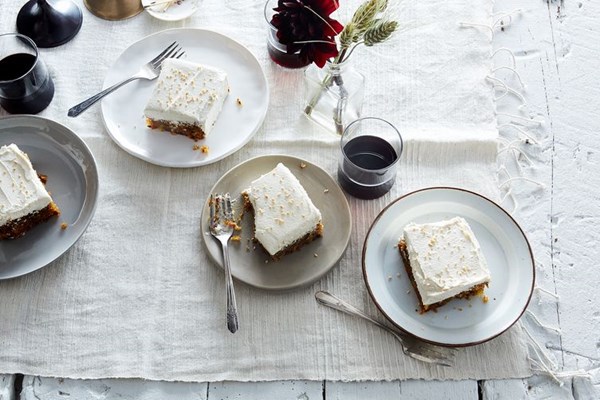 Olive oil carrot cake with sesame buttercream