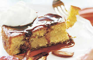 Olive oil couscous cake with crème fraîche and date syrup