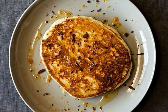Olive oil pancakes with dark chocolate and sea salt