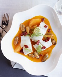 Olive oil-poached cod with mussels, orange and chorizo