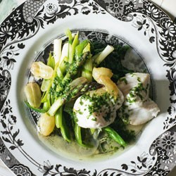 Olive oil-poached fish with grapes, asparagus and tarragon sauce