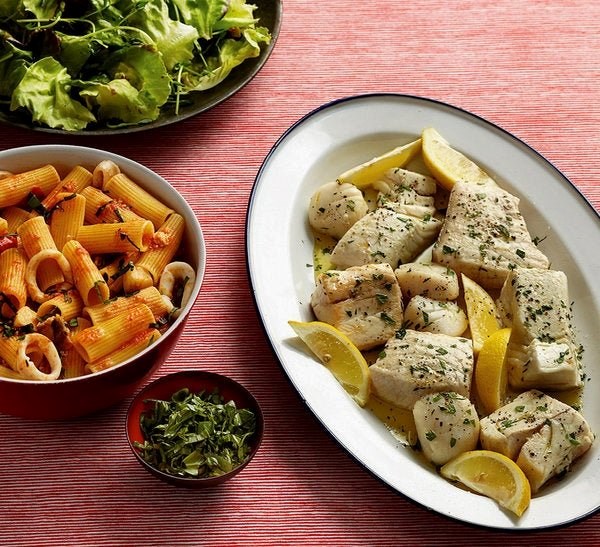 Olive-oil-poached fish with pasta