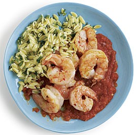 Olive oil poached shrimp with ginger-tomato sauce