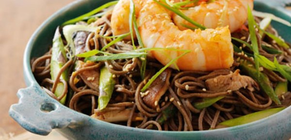Olive oil-poached shrimp with soba noodles