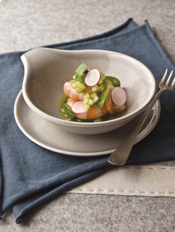 Olive oil-poached shrimp with cucumber and radish salad