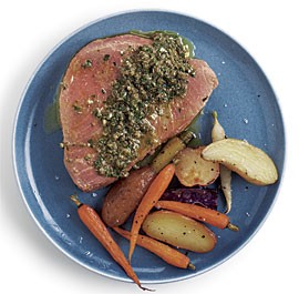 Olive oil poached tuna with caper and olive vinaigrette