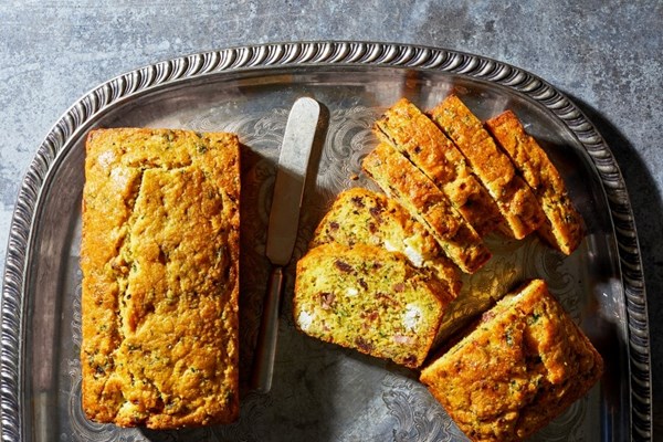 Olive oil quick bread with pancetta, dates and goat cheese