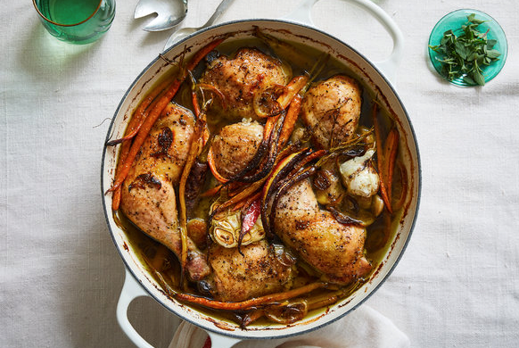 Olive oil-roasted chicken with caramelized carrots