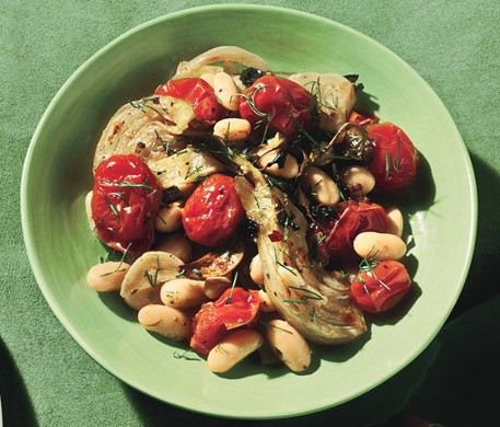 Olive-oil-roasted tomatoes and fennel with white beans