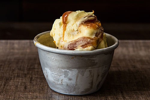 Olive oil-saffron ice cream with burnt orange-caramel swirl