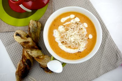Olive, Parmesan & speck breadsticks with pumpkin soup