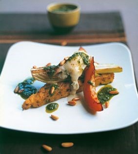 Olive polenta with vegetable gratin and salsa verde