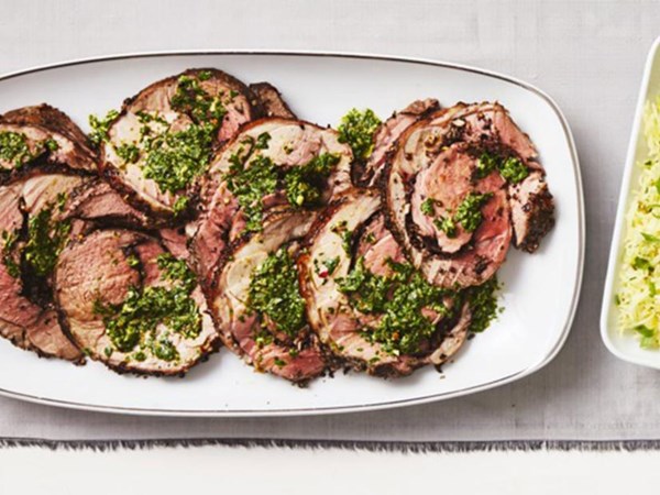 Olive-stuffed lamb roulade with salsa verde