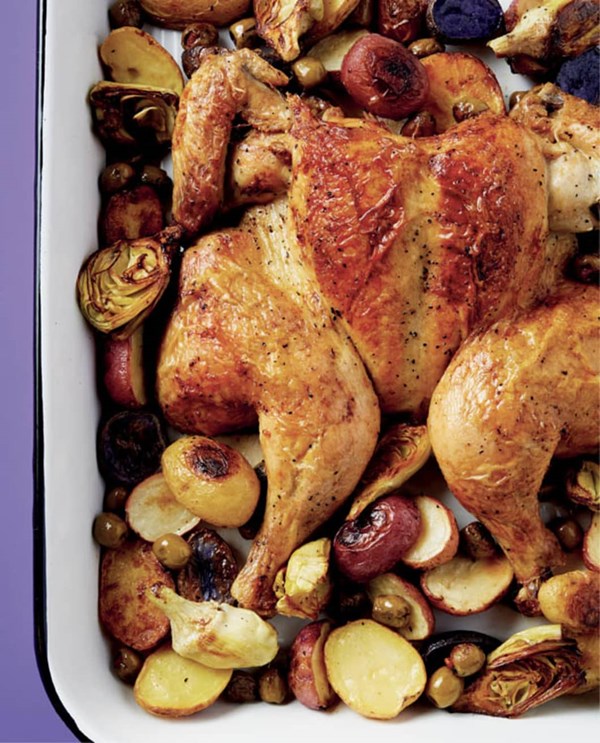 Oliver's chicken with potatoes, artichokes, and olives