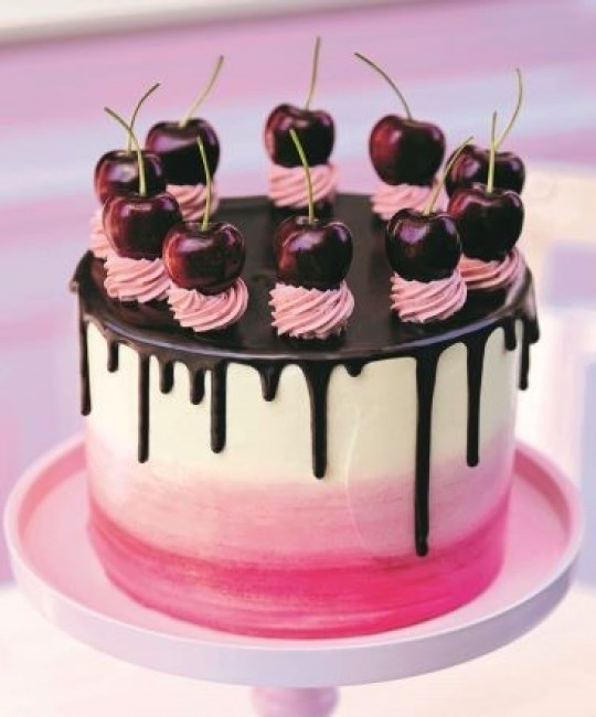Ombre cherry and chocolate drip cake