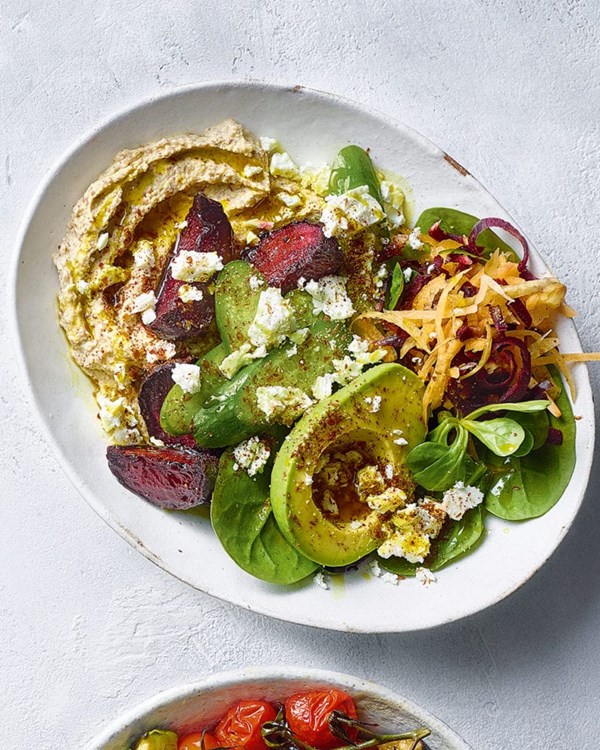 Omega-3 houmous, roast beetroot, avocado and feta
